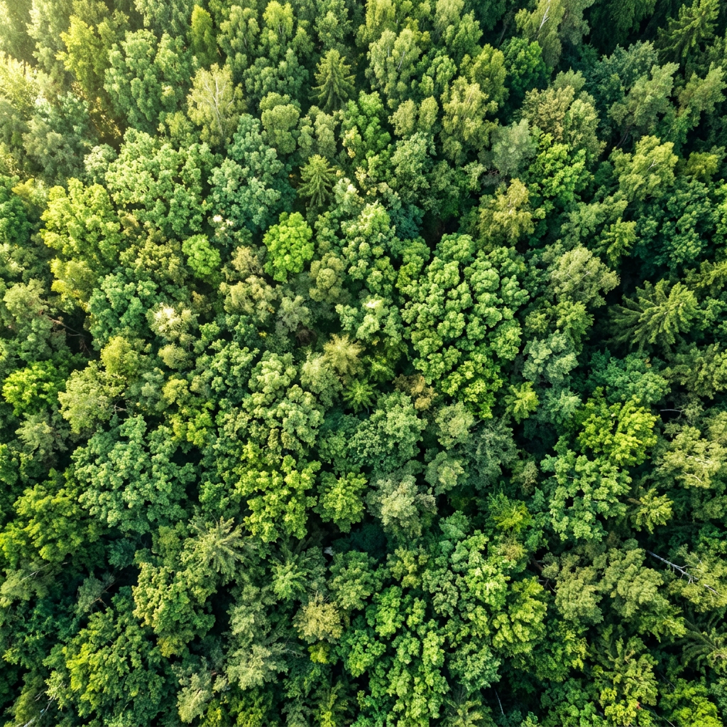 Aerial view of dense green forest canopy with various tree types